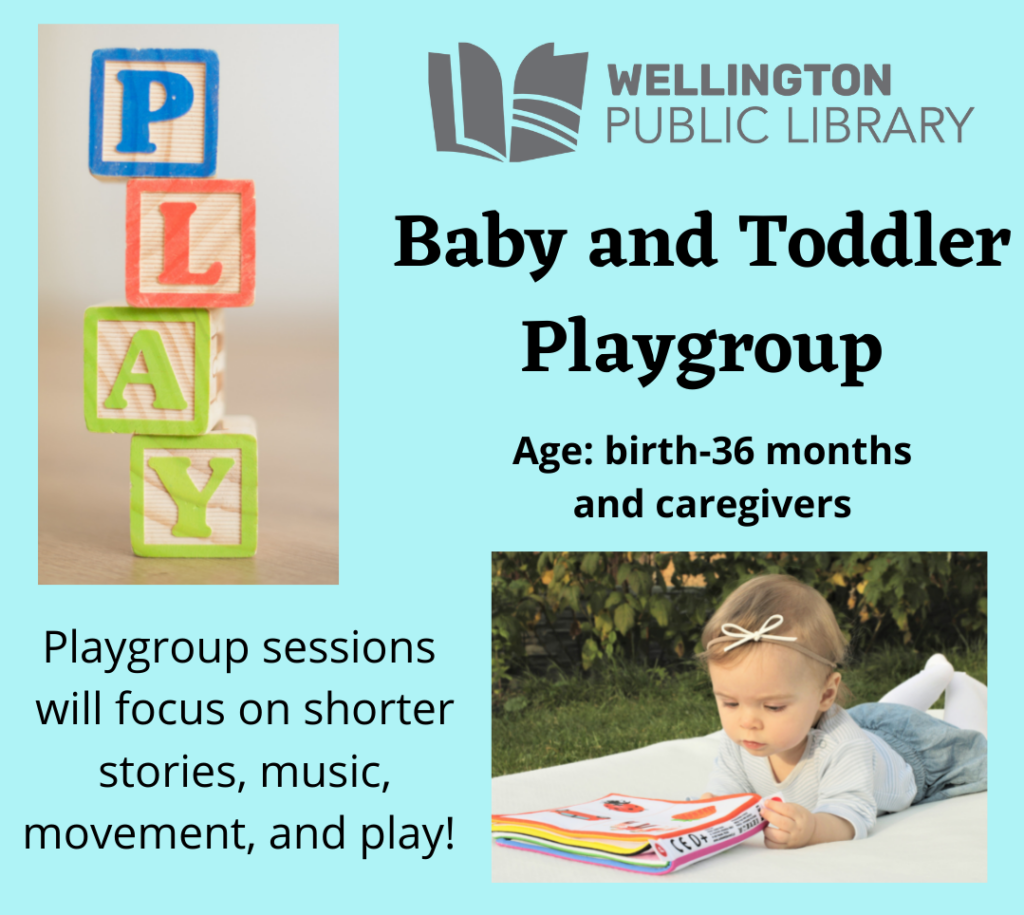 Light blue background with image of children's blocks and an image of a baby laying on a blanket with a book. Text reads Baby and Toddler Playgroup; age birth-36 months and caregivers;
PlaygroupPlaygroup sessions 
will focus on shorter stories, music, movement, and play!