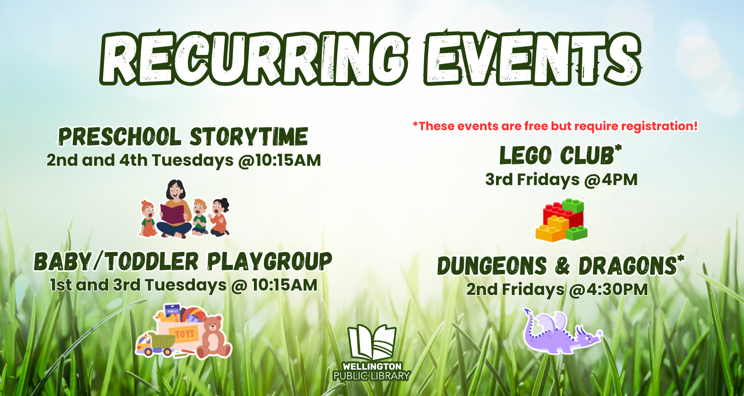 Recurring Events: Preschool Storytime, 2nd and 4th Tuesdays @10:15AM. Baby/Toddler Playgroup 1st and 3rd Tuesdays @10:15AM. These events are free but require registration: Lego Club, 3rd Fridays @4PM, Dungeons & Dragons, 2nd Fridays @4:30PM.
